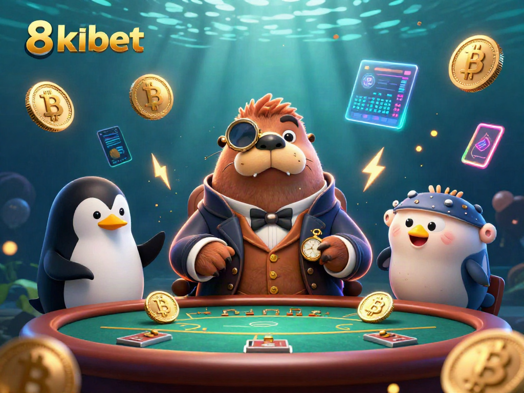 Experience high-stakes poker at 8xbet with whimsical underwater characters and crypto elements