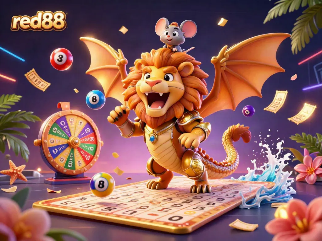 Experience exciting casino action with red88 as a golden chimera roars triumphantly while dynamic lottery elements surround it.