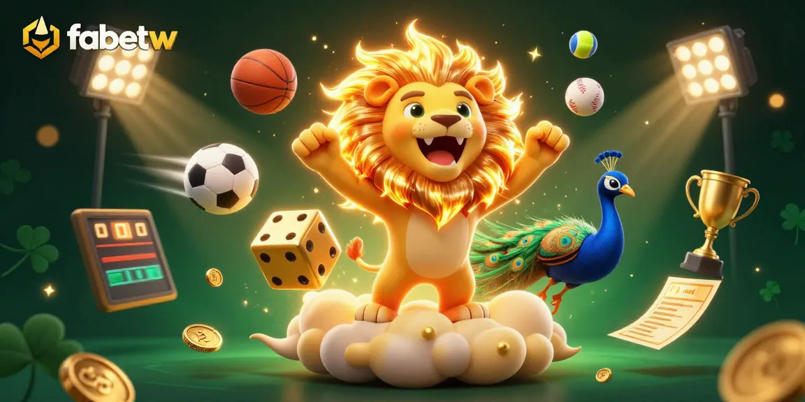 Experience fabetw's dynamic gambling scene with roaring lion, golden dice, and sports elements.
