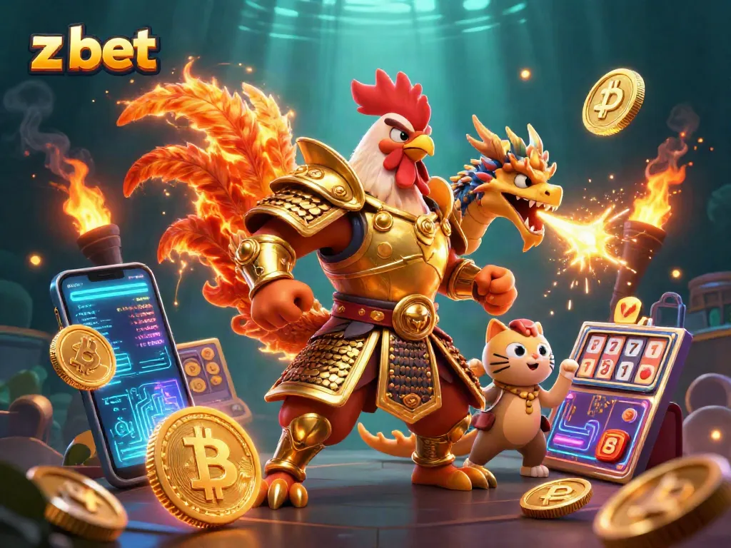 Engage with z bet as a powerful rooster warrior celebrates wins with coins, slot reels, and more.
