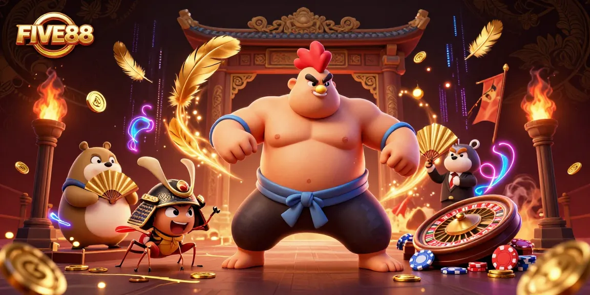 Experience the thrill of FIVE88 with a dynamic casino scene featuring unique characters and vibrant gaming elements.