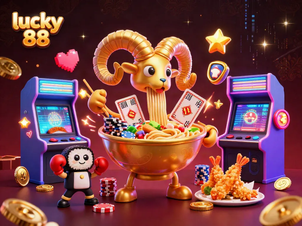 Engage with lucky 88's vibrant 3D illustration featuring a golden ramen bowl and dynamic casino elements.