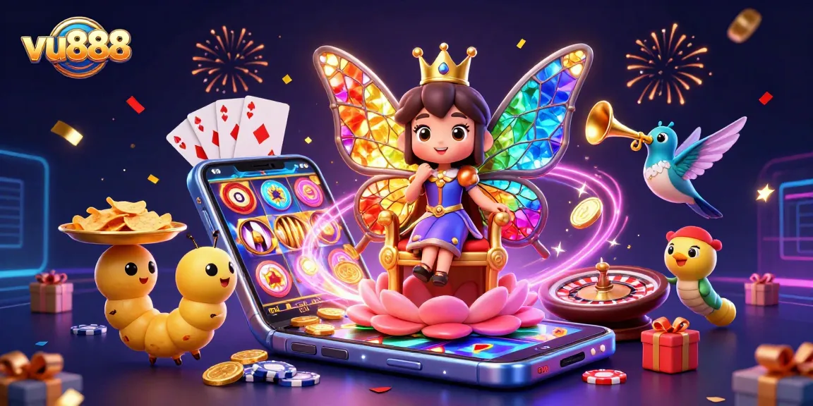 Spin vibrant slots and win rewards with vu888 in this dynamic casino scene!