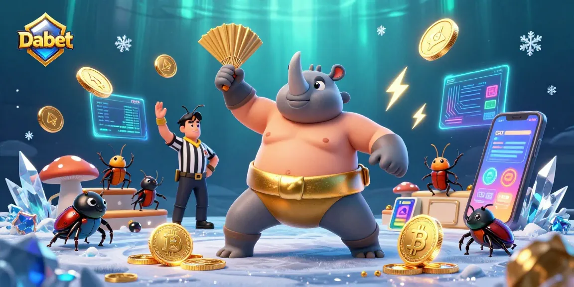 Dabet offers thrilling gaming with a rhinoceros beetle champion surrounded by flying coins and blockchain elements.