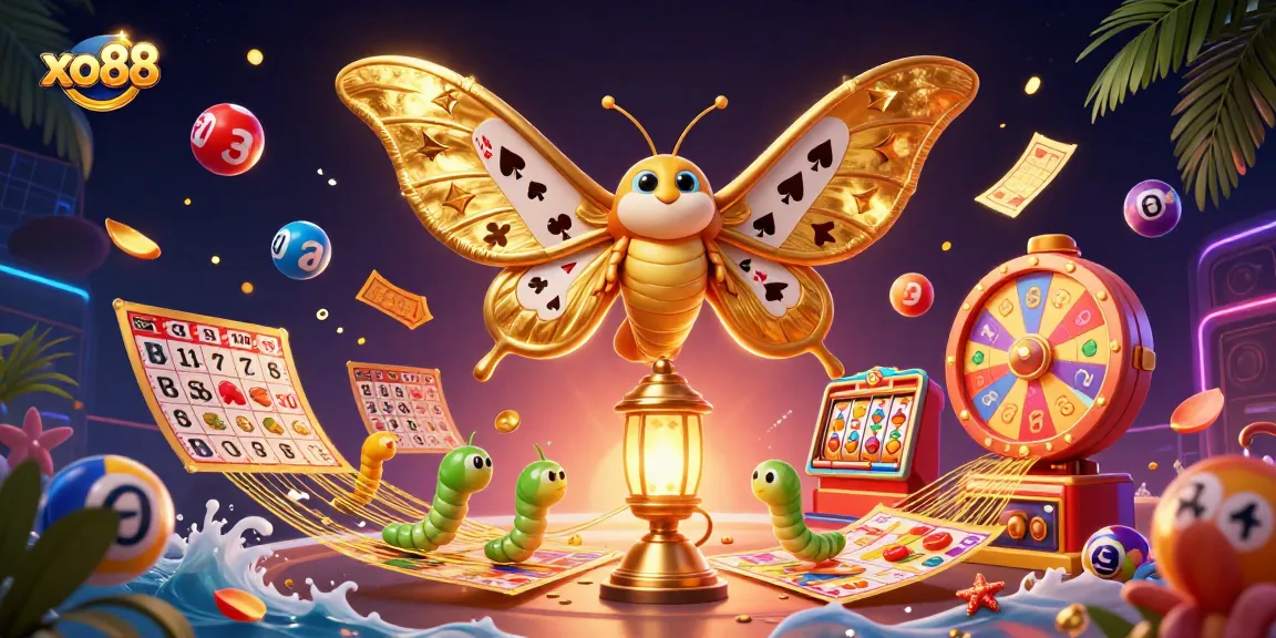 Engage with exciting gaming experiences at xo88 featuring vibrant lottery elements and a majestic moth character.
