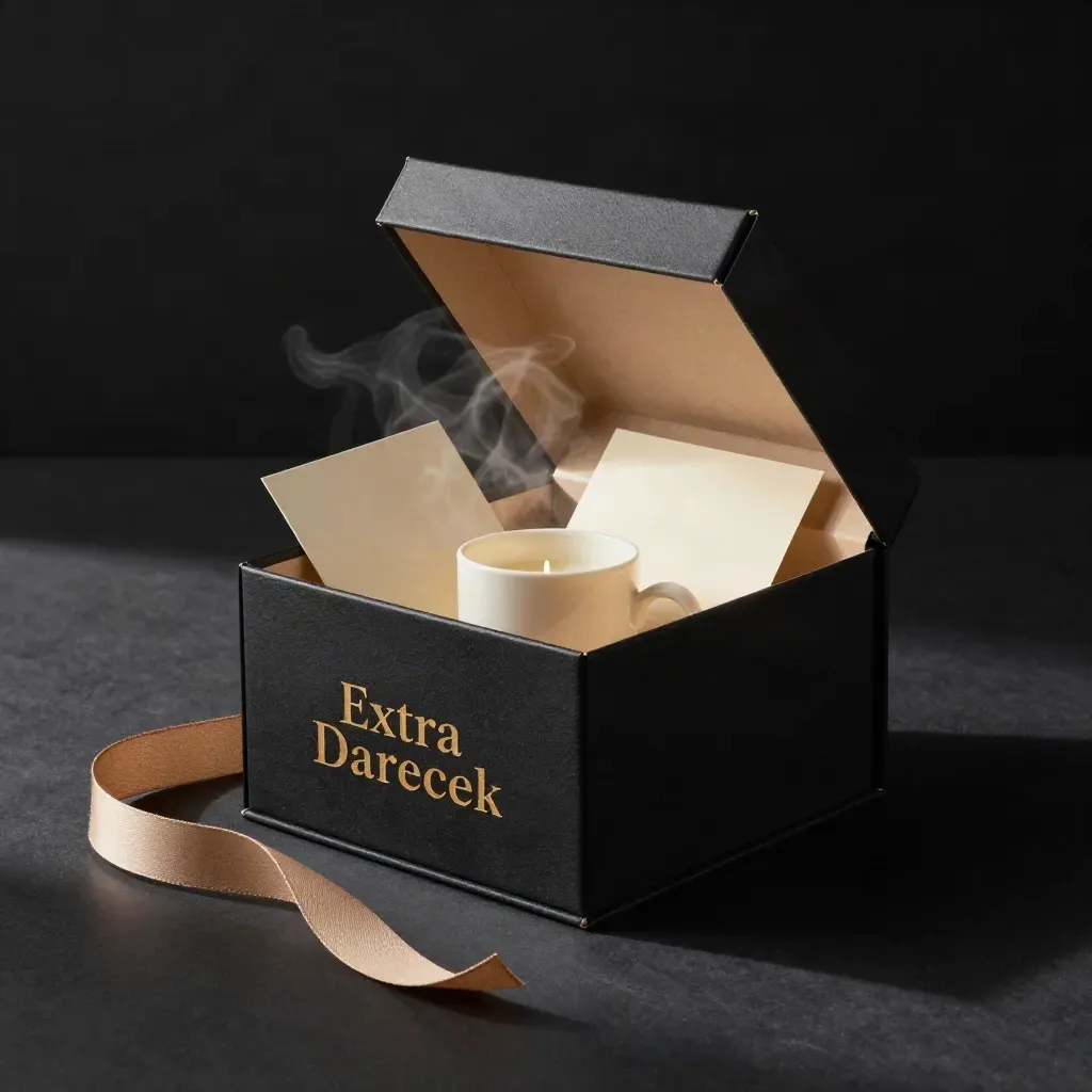 Otevřený dárkový box se svíčkou, hrnkem a kartičkou na tmavém povrchu v dramatickém světle.