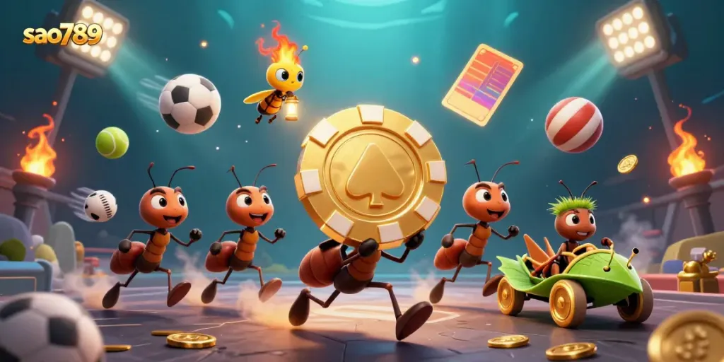 Sao789 showcases a heist scene with ants carrying a massive poker chip, embodying excitement in gambling.
