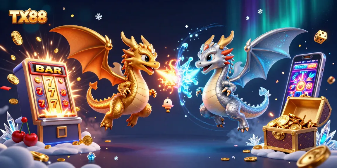 Experience excitement with TX88's spectacular 3D casino illustration showcasing dragons and gaming elements.