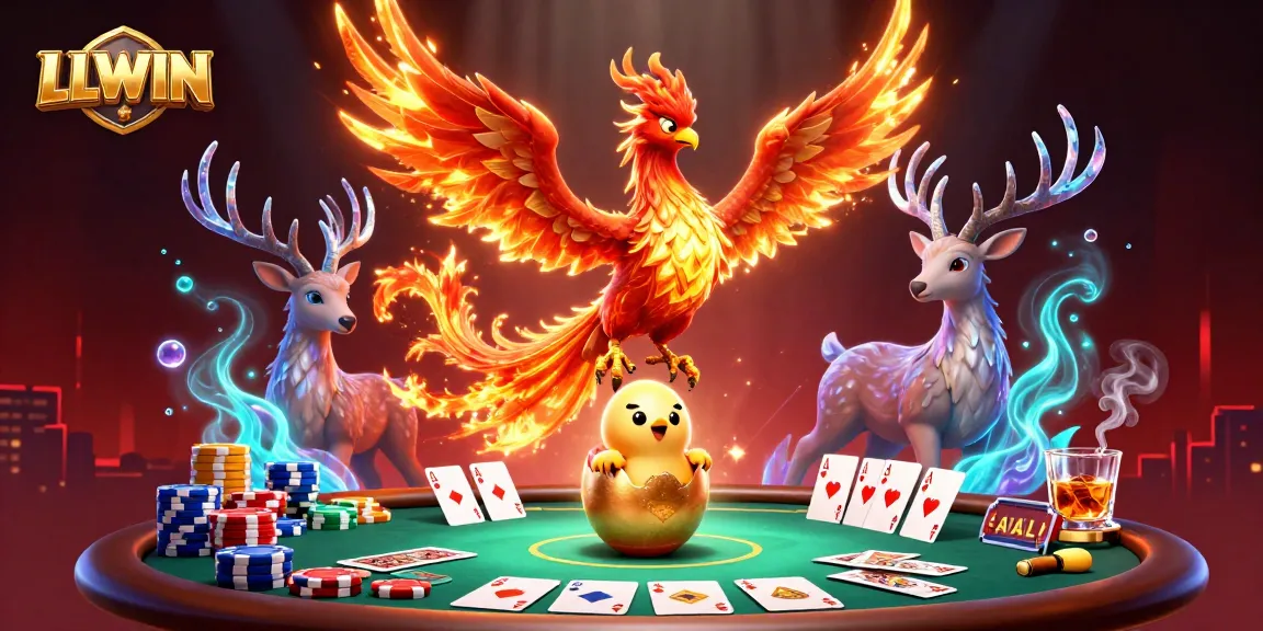 Experience the thrilling atmosphere of LLWIN with phoenix and stag amidst vibrant poker elements.