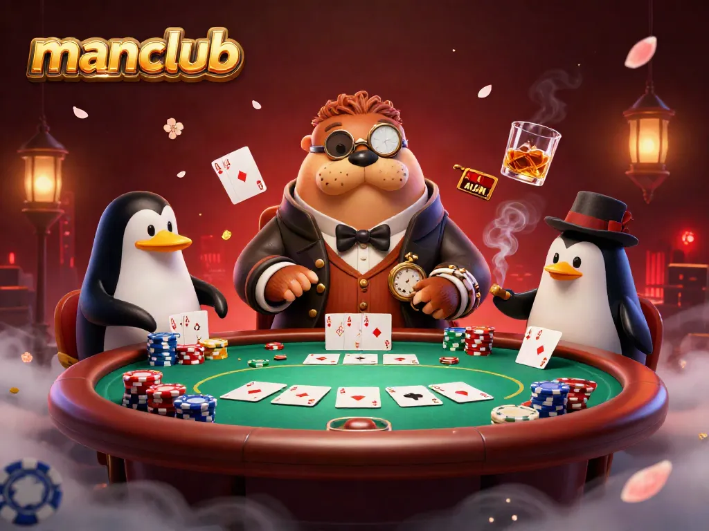 Experience manclub's thrilling underwater poker game with a jolly walrus and friends.