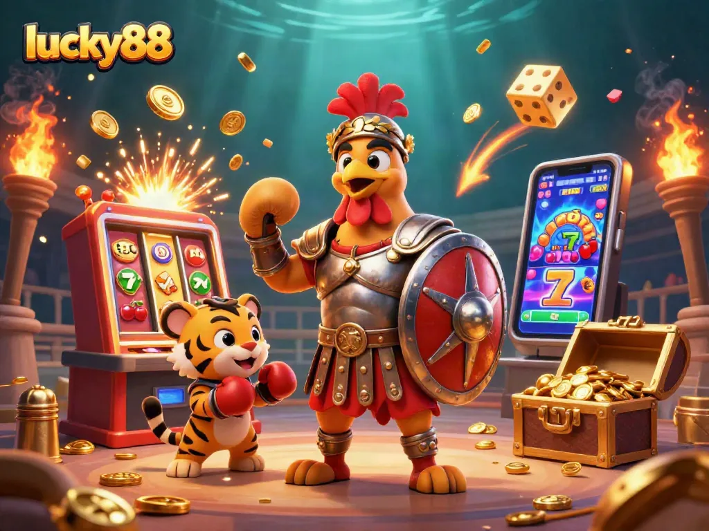 Experience the thrill of lucky 88 with a vibrant 3D casino scene featuring unique characters and slot machine action.