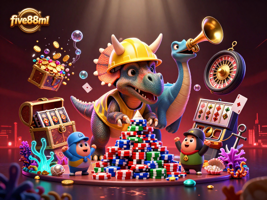 Join the fun at five88m1 with a triceratops and friends celebrating wins in a thrilling casino scene.