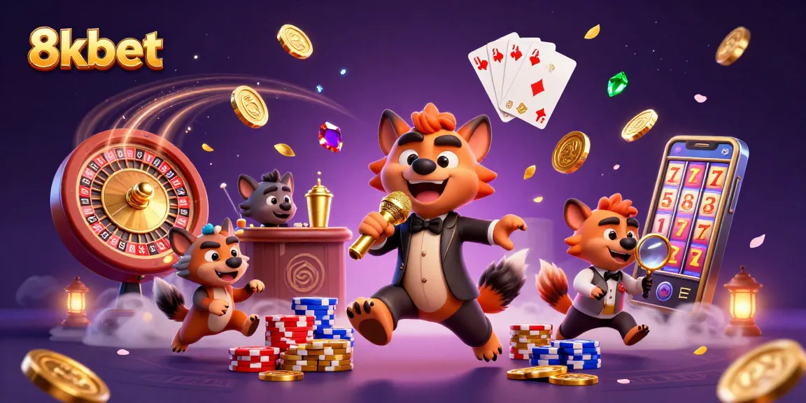 Engage with 8kbet's exciting comedy casino featuring lively hyena characters and dynamic gambling elements.