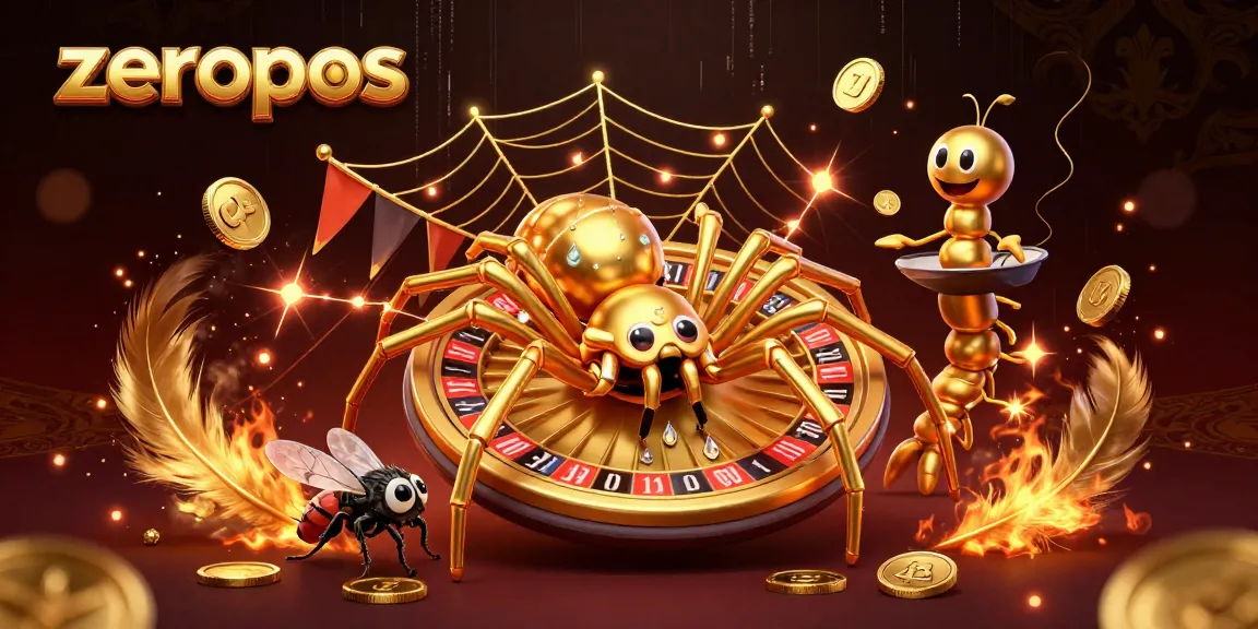 Experience the excitement of zeropos with a golden spider spinning a roulette wheel in dynamic casino illustration.
