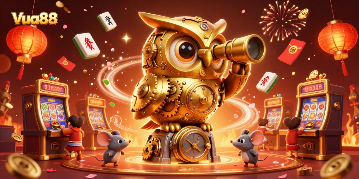 Vua88 showcases a lively 3D casino scene with a golden owl and festive elements for players.