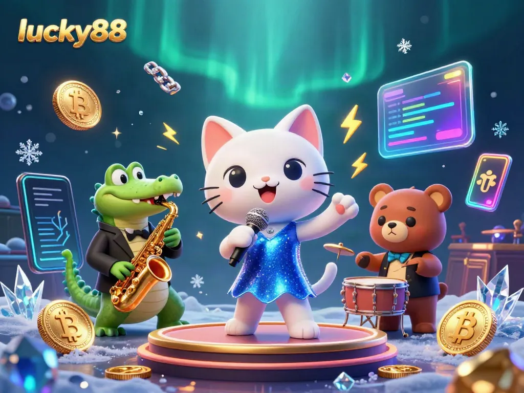 Experience the vibrant atmosphere at lucky88 with a jazzy cat, a crocodile, and a bear cub performing on stage amidst digital coins.