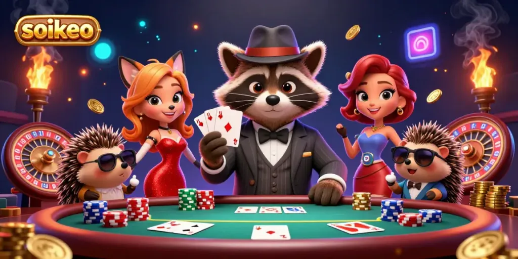 Win big with soikeo at the poker table featuring vibrant characters and casino elements.