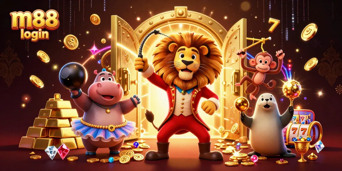 M88 login: Experience lively casino action with dynamic circus characters interacting amid treasure and gaming elements.