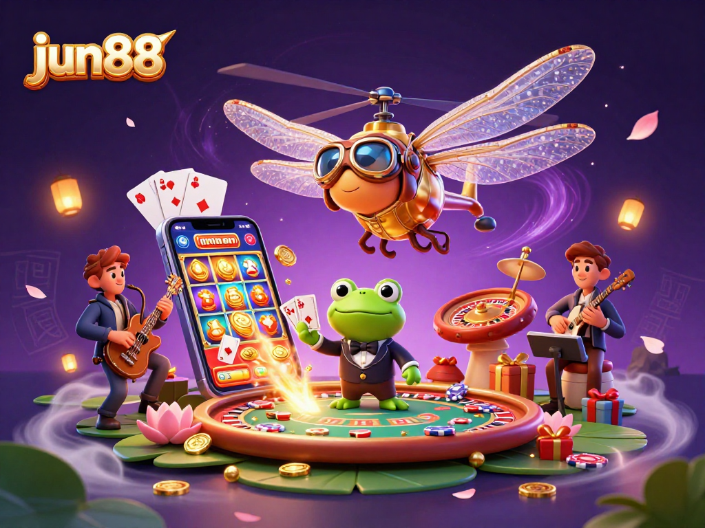 Experience thrilling fun at jun88 with a vibrant casino scene featuring a dragonfly pilot and frog croupier.