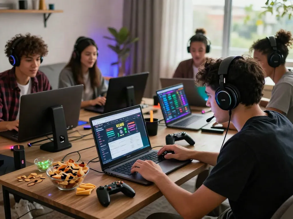 Engaged gamers in a lively living room enjoying online activities at https://ku88vt.com/ with modern décor and vibrant lighting.