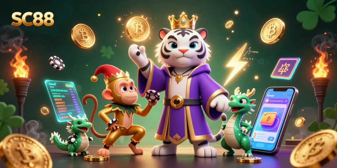 SC88's captivating 3D digital scene showcases a royal tiger and a jester monkey in a thrilling gambling atmosphere.