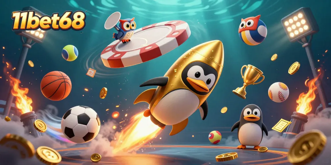 Experience the thrill of 11bet68 with an exciting 3D casino illustration featuring a golden penguin and dynamic sports elements.