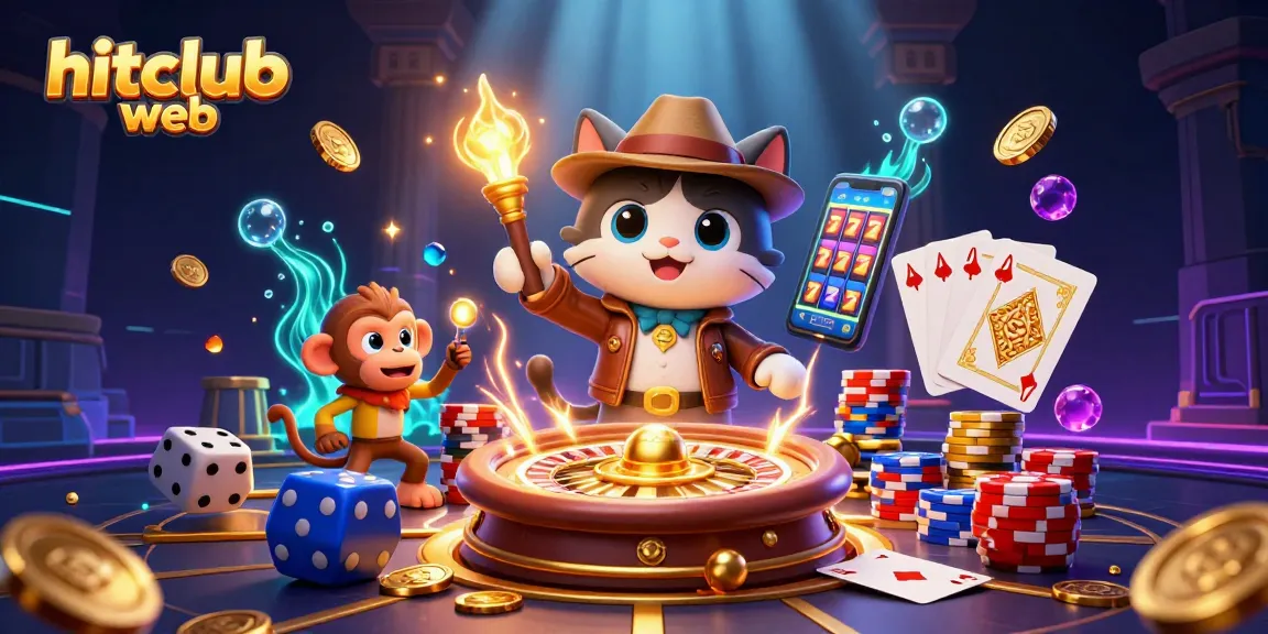 Engage with hitclub web's thrilling features as a clever cat discovers treasure amidst lively casino elements.