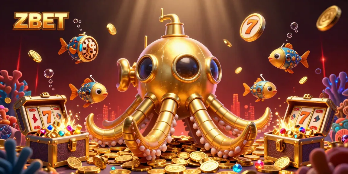 ZBET offers a thrilling online casino experience with a golden kraken submarine surrounded by dazzling game treasures.