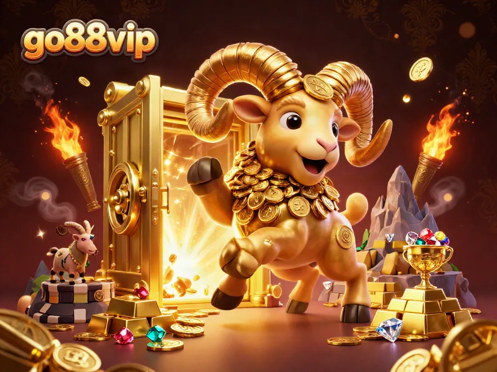 Experience the excitement of go88vip with a dynamic casino-themed illustration featuring gold and treasures.