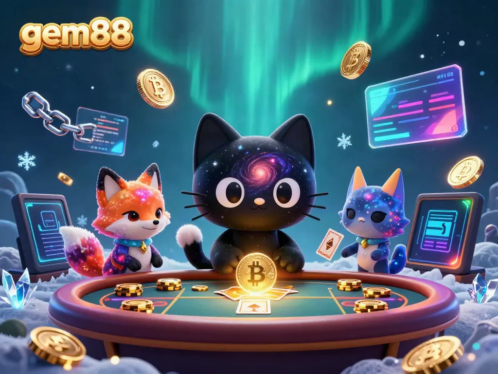 Experience thrilling gameplay with gem88 at a cosmic casino table surrounded by vibrant crypto elements.