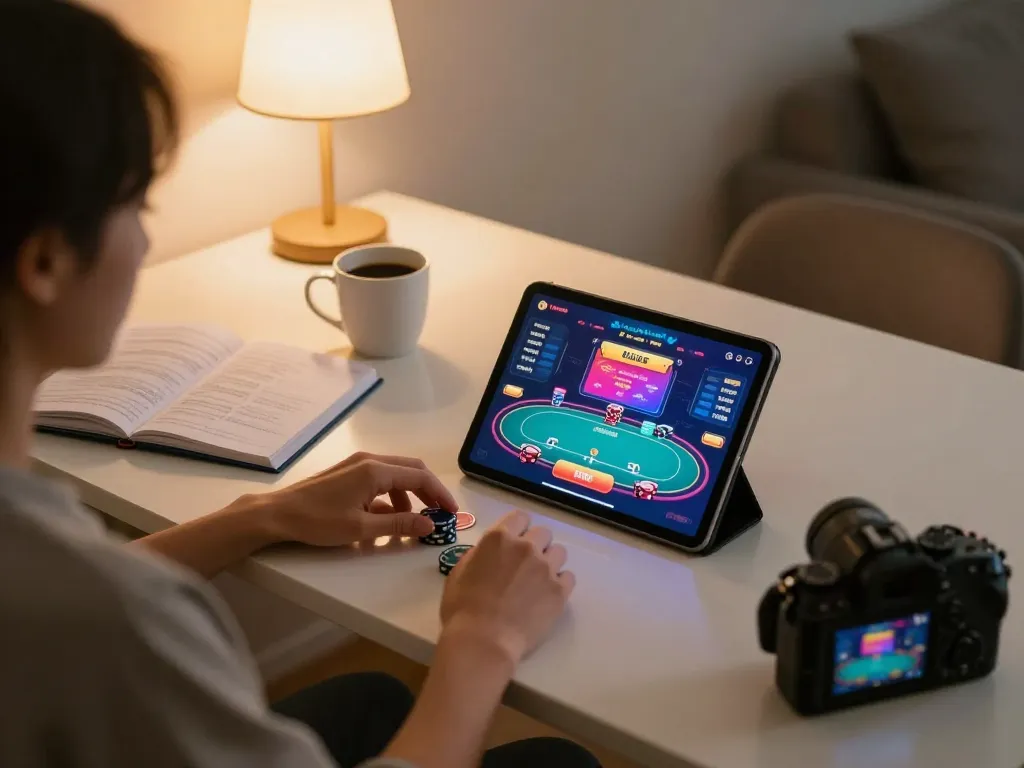 Pemain menikmati poker online rokok 88 di tablet, terbenam dalam permainan strategi di rumah