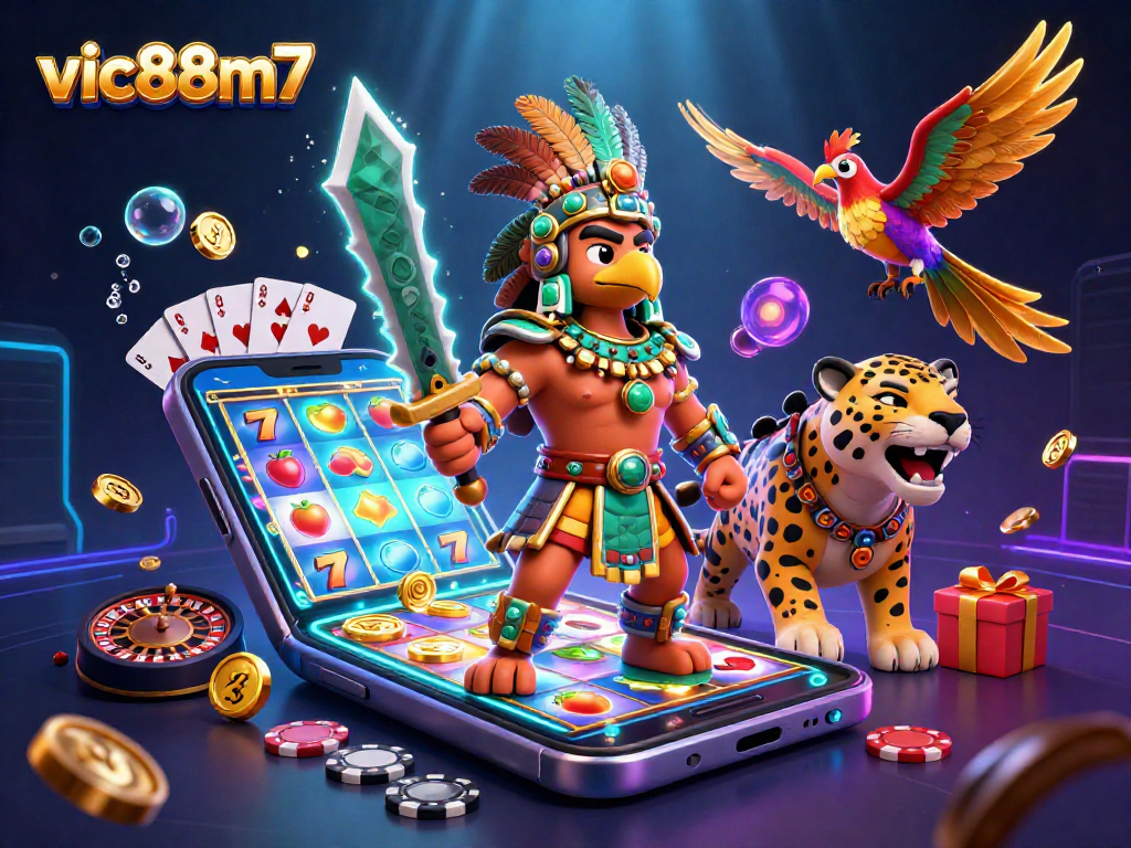 Experience the excitement at vic88m7 with a vibrant 3D illustration of Aztec warriors and slot games.