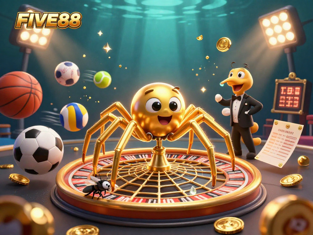 Engage in thrilling action at FIVE88 with a vibrant casino scene featuring a spider, fly, and centipede.
