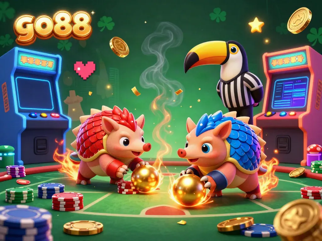 Experience the thrill of go88 as rival pangolins roll through golden balls amidst casino fun.