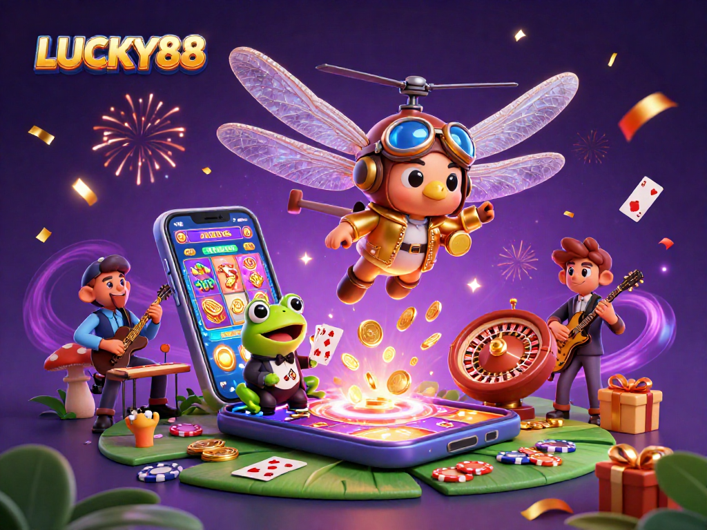 Experience LUCKY88's vibrant casino scene with a thrilling dragonfly pilot and frog croupier.