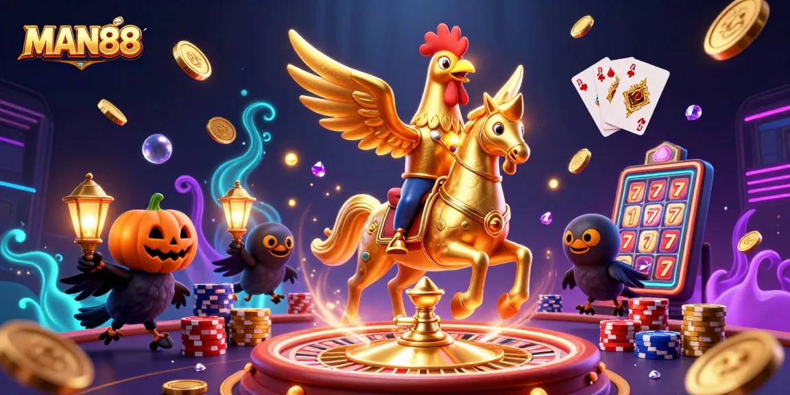 Engage with MAN88's vibrant casino adventures featuring a golden rooster and exciting gaming elements.