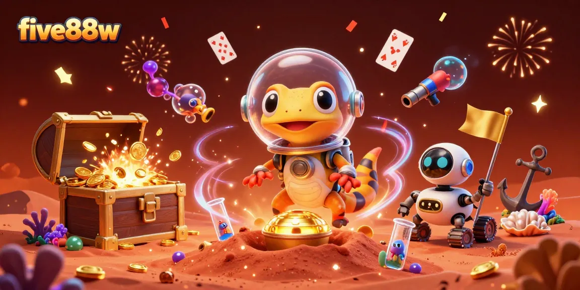 Engage with the vibrant five88w casino adventure featuring a Martian gecko, gold coins, and colorful gems.