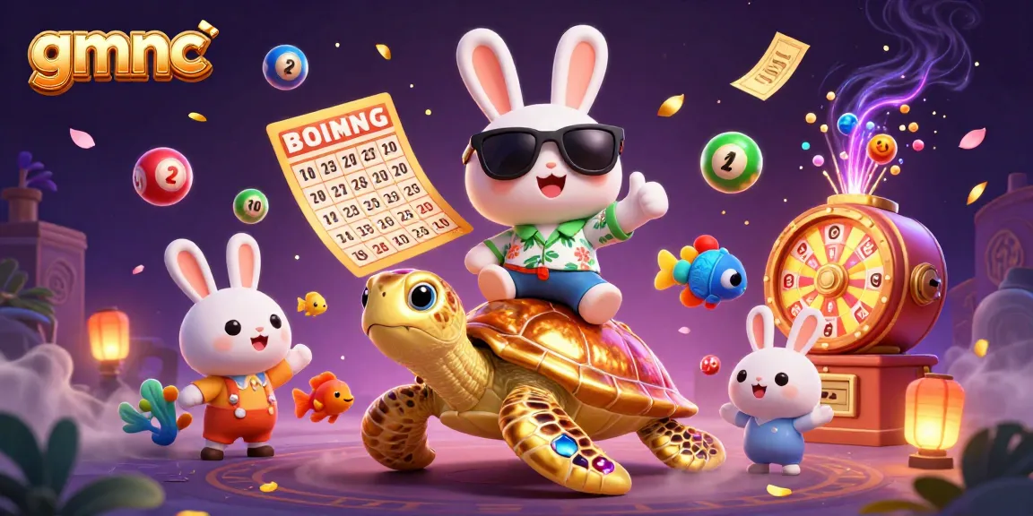 Experience luck with gmnc as the rabbit celebrates with vibrant casino elements and a glowing sea turtle.