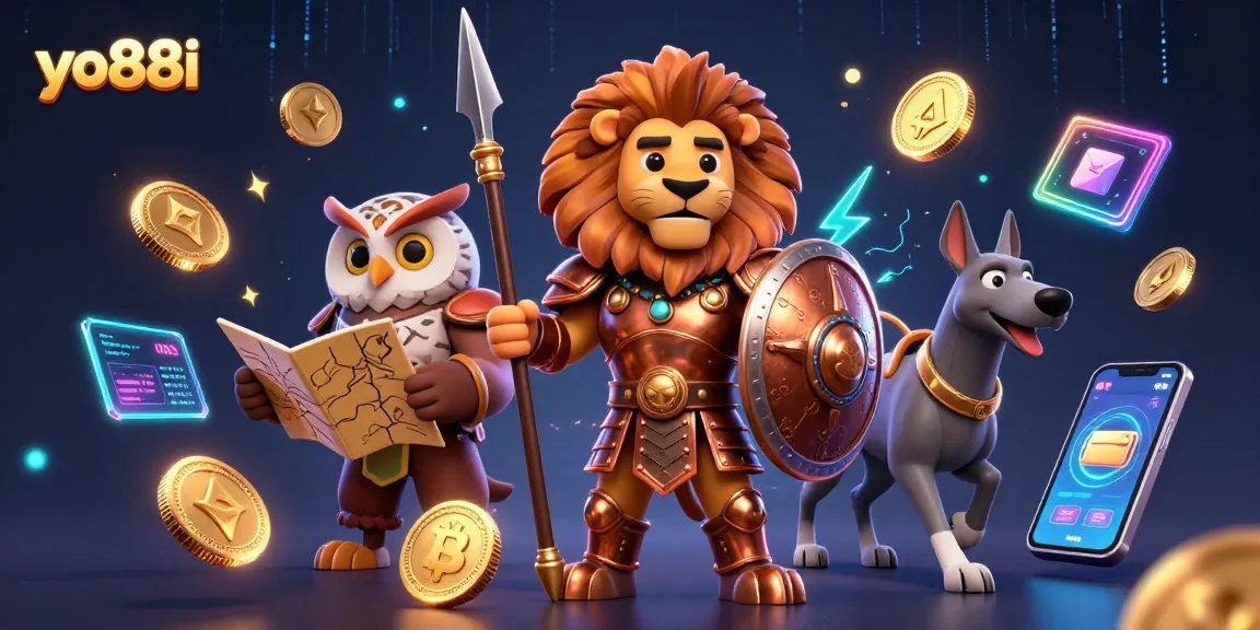 Engage with yo88i's exciting casino gaming experience featuring vibrant characters and crypto elements.