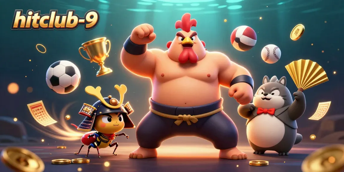 Engage in thrilling casino action with hitclub-9 featuring a dynamic scene of a powerful sumo rooster and samurai cricket.