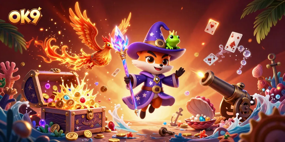 Engage in thrilling gameplay at ok9 with a magical scene featuring a wizard, phoenix, and treasures.