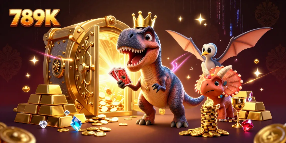 Play exciting card games with 789K while a T-Rex shuffles cards and a triceratops stacks chips.