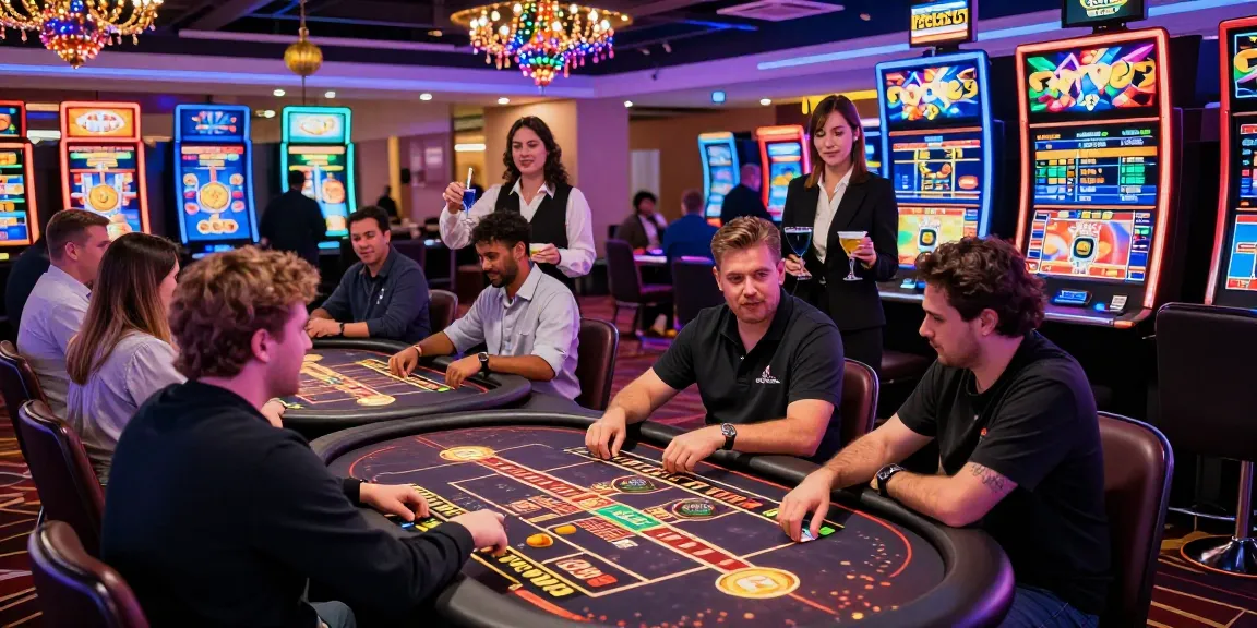 Spieler genießen Spiele in einem lebhaften Paysafe Card Casino mit festlichen Lichtern und interaktiven Dealern.
