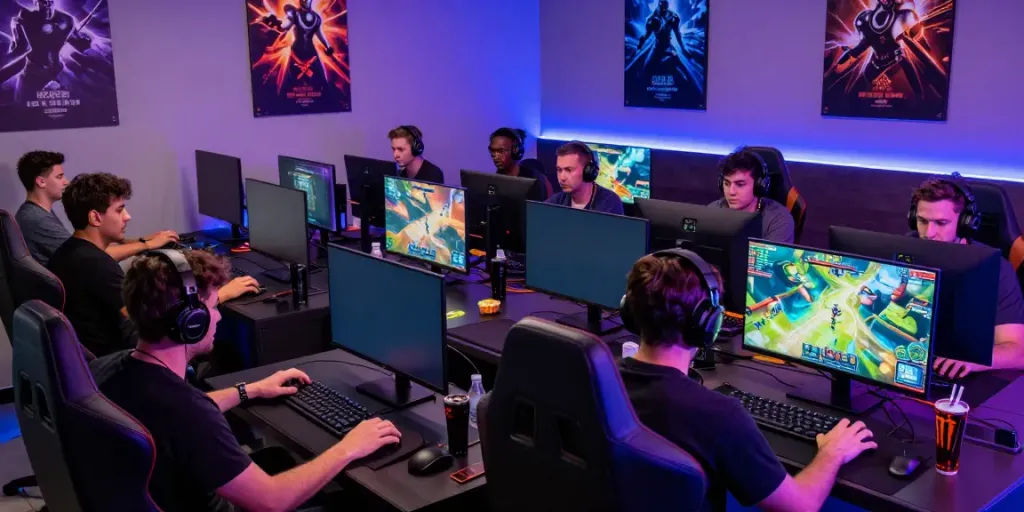 Men engaging in online gaming at Manclub, showcasing a vibrant gaming lounge atmosphere.