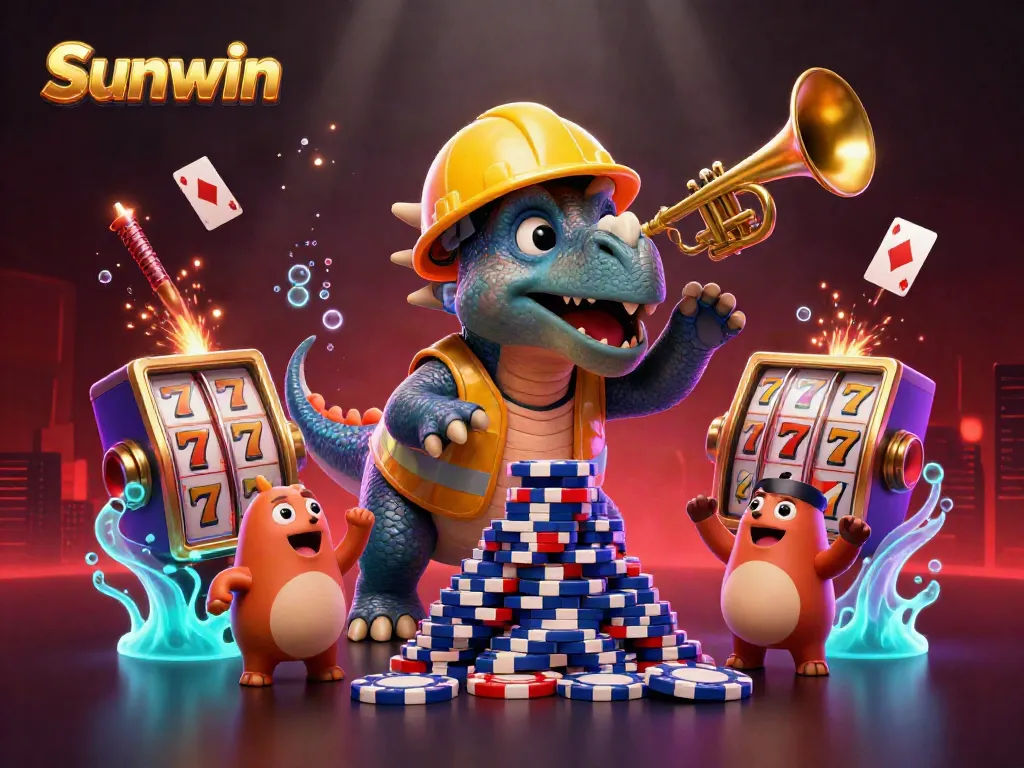 Spin to win with Sunwin's dynamic casino illustration featuring playful dinosaur characters and glowing game elements.