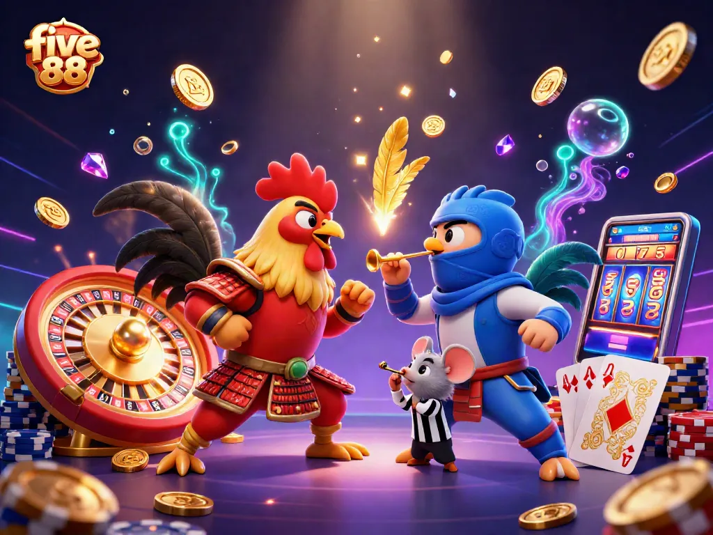 Engage in epic cockfighting action with five 88's vibrant roosters, coins, and casino games.