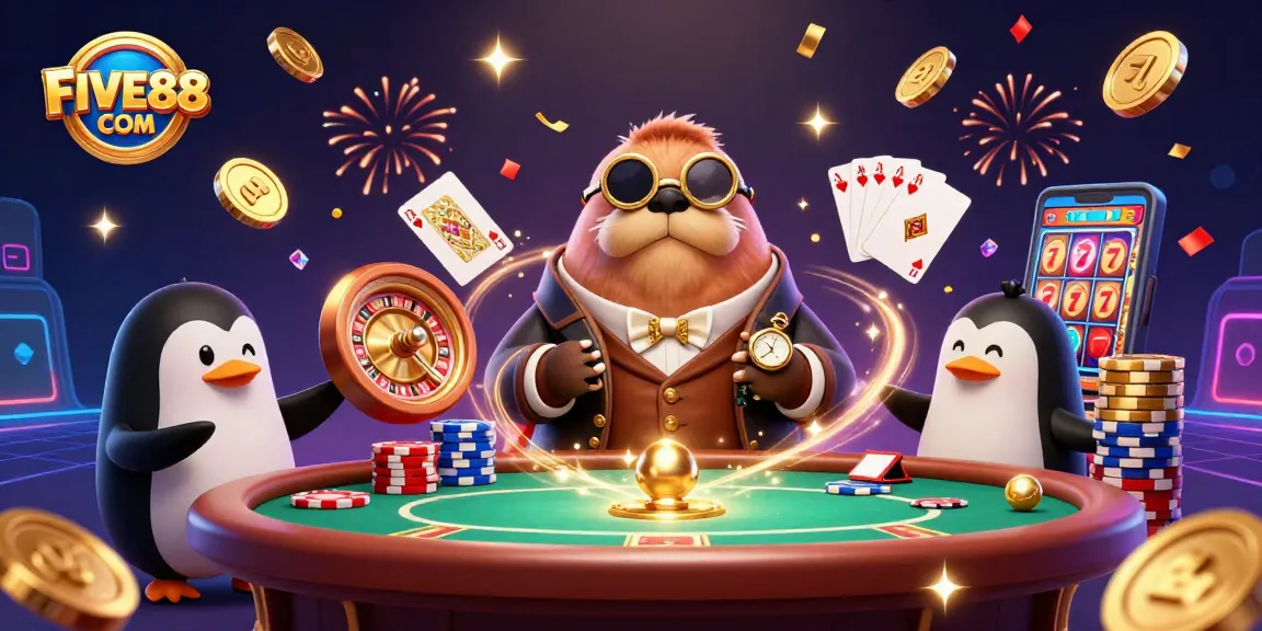 Watch the fun unfold at FIVE88 COM with a walrus, penguin dealer, and pufferfish in an underwater poker scene.