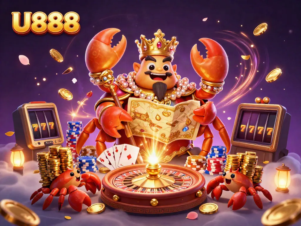 Experience the vibrant U888 online casino realm with a golden crab emperor amidst cascading coins and sparkling gemstones.
