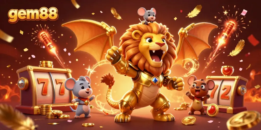 Experience thrilling wins at gem88 with a dynamic scene showcasing vibrant casino elements and characters.