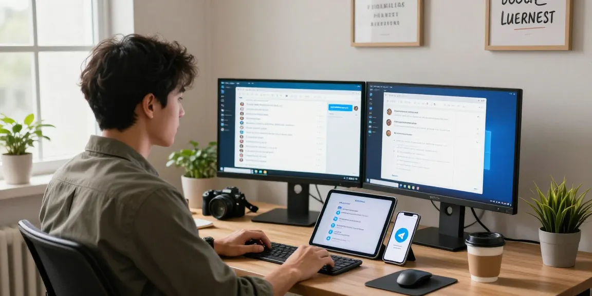 Download Telegram on a sleek workspace with dual monitors showcasing the app's features.
